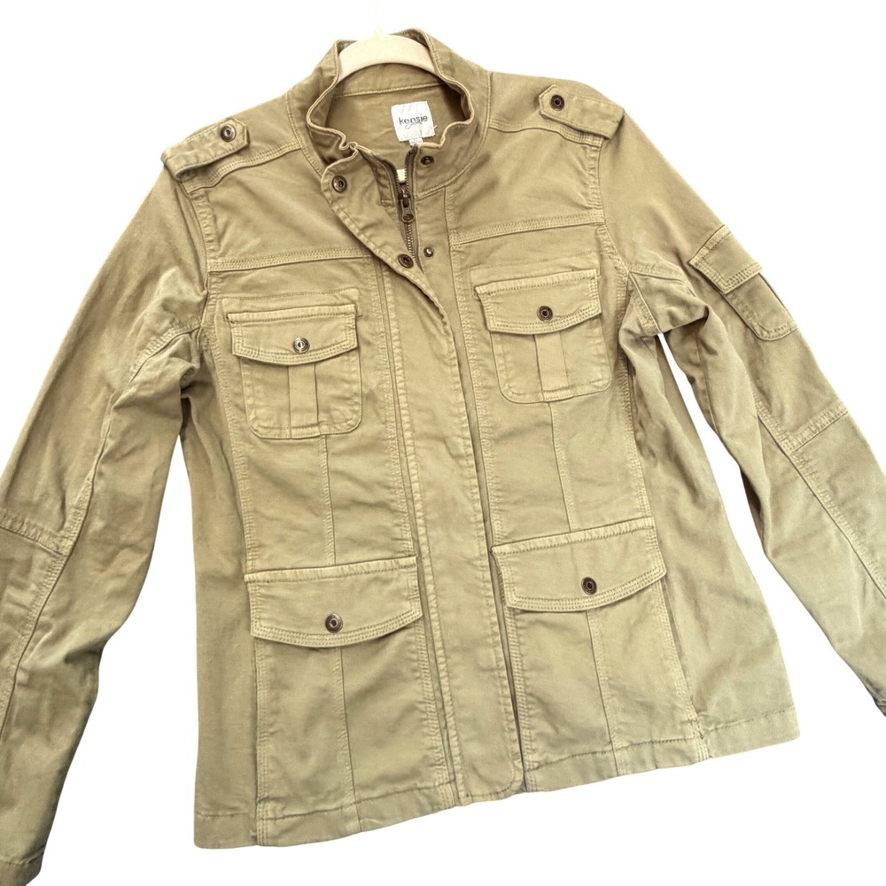 Kensie Utility Jacket Womens, L Tan Cotton Blend Military Field ENG00744X